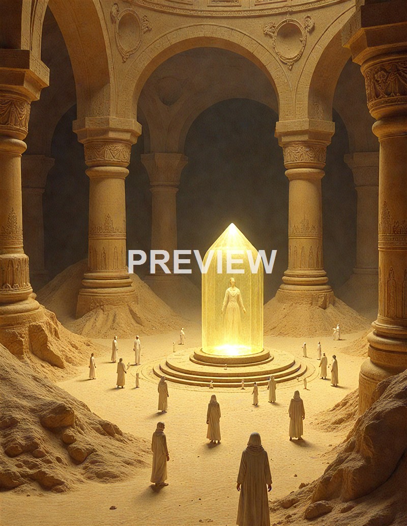 A large ancient hall with tall ornate columns, sandy terrain, and a glowing golden figure encased in a transparent dome at the center, surrounded by smaller figures in robes.